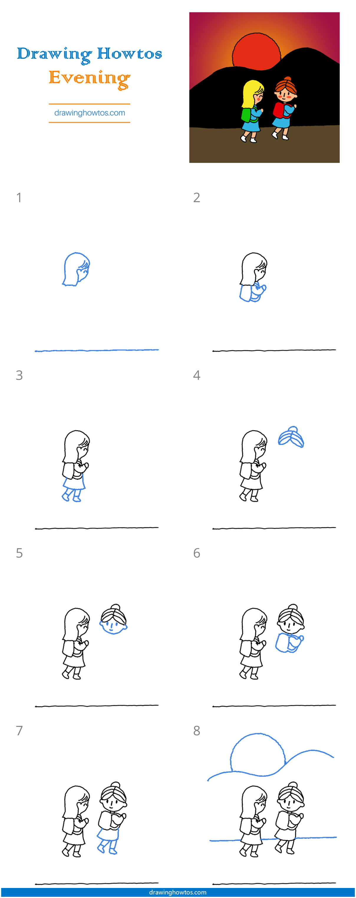 How to Draw Two Girls Leaving School at Evening Step by Step