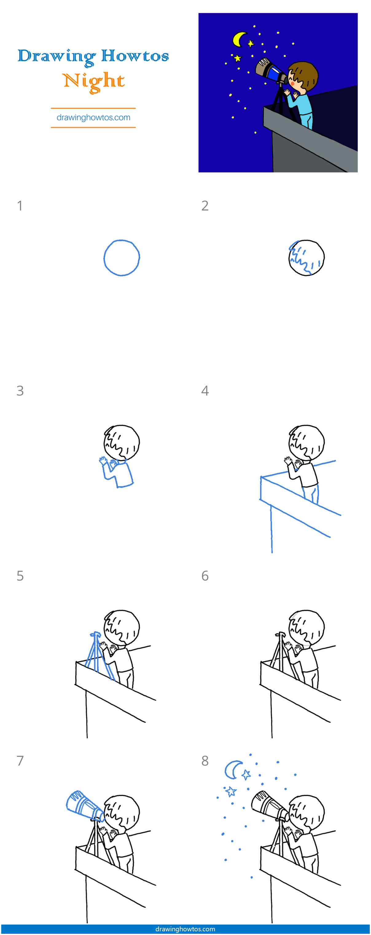 How to Draw a Boy Looking at Night Sky with Telescope Step by Step