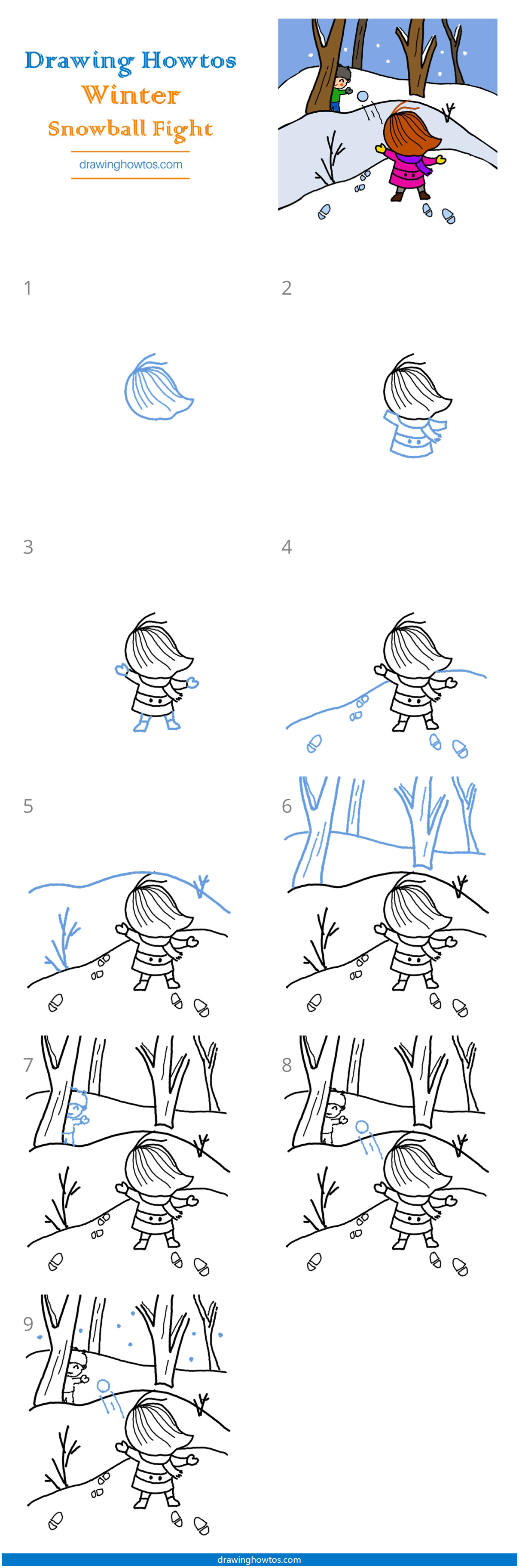 How to Draw Kids Playing Snowballs in Winter Step by Step