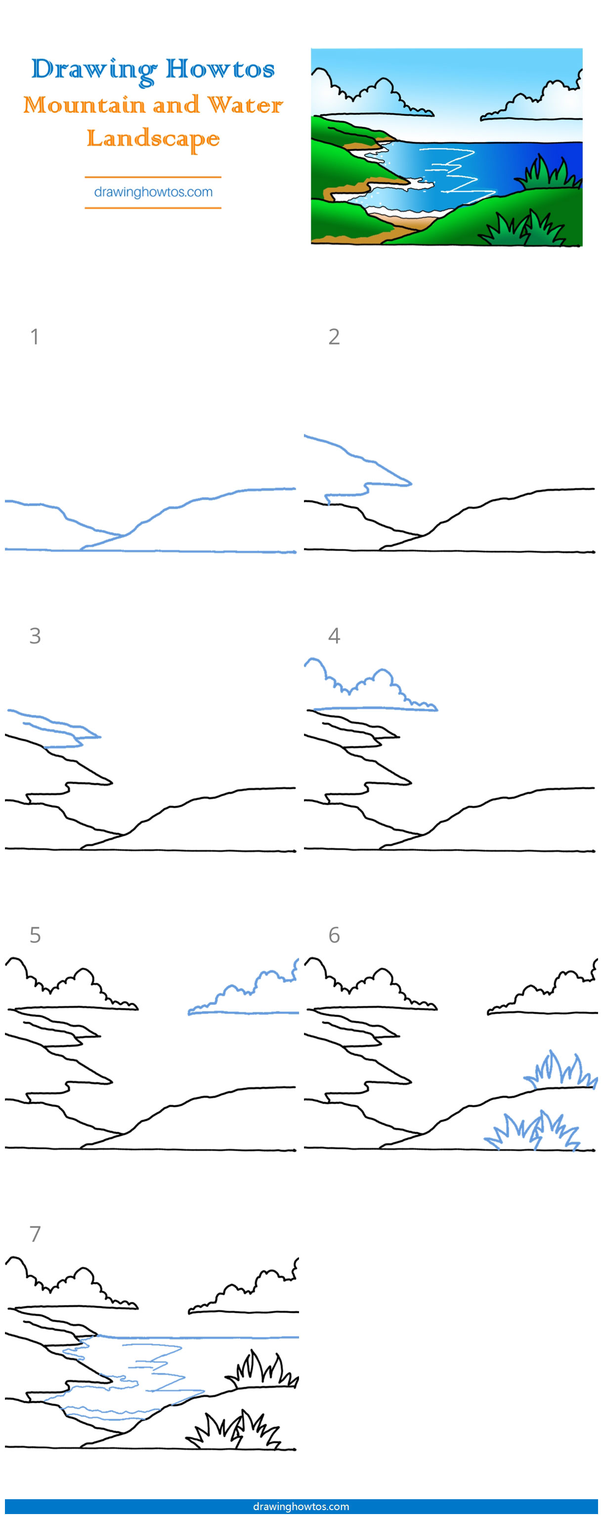 How to Draw a Moutain and Water Landscape Step by Step