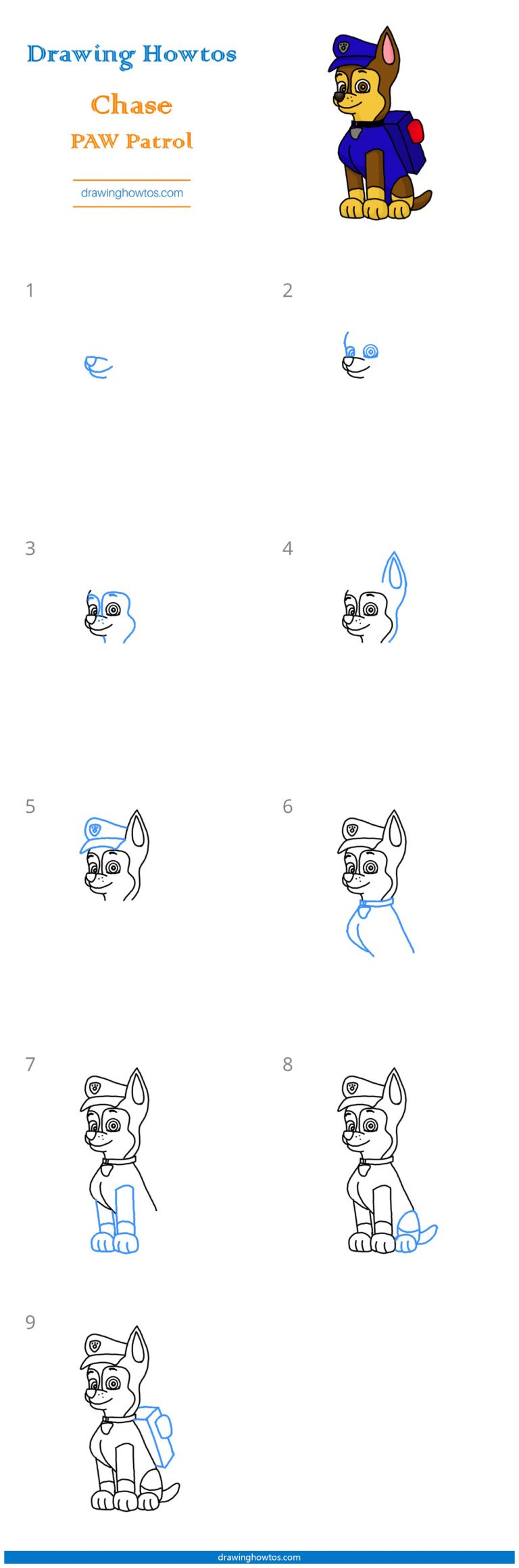 How to Draw Chase from Paw Patrol - Step by Step Easy Drawing Guides