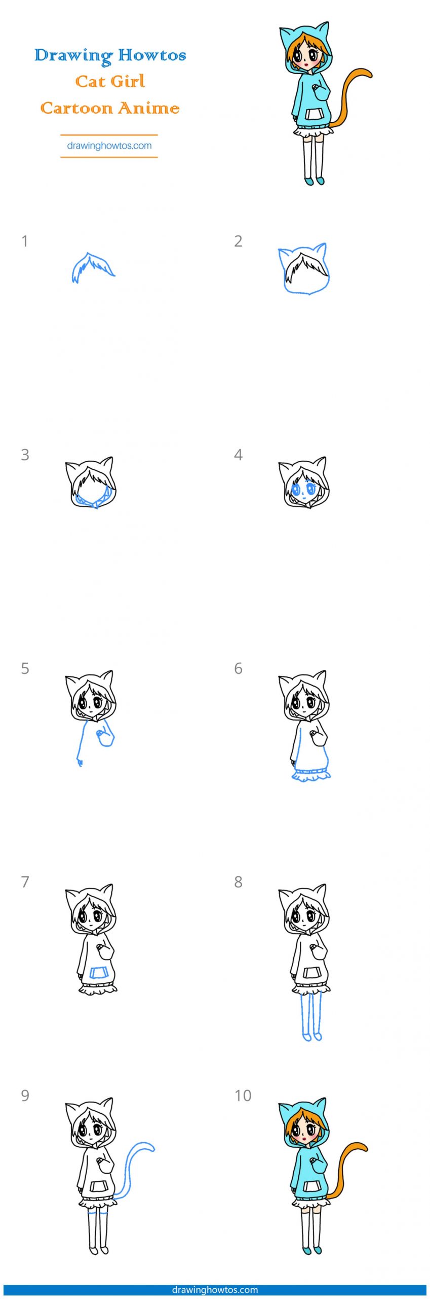 How to Draw a Anime Girl with Cat Hoodie Step by Step