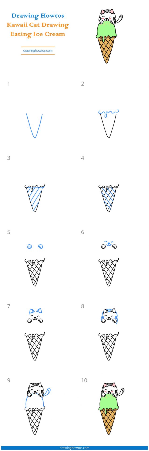 How to Draw a Kawaii Cat Eating Ice Cream Step by Step