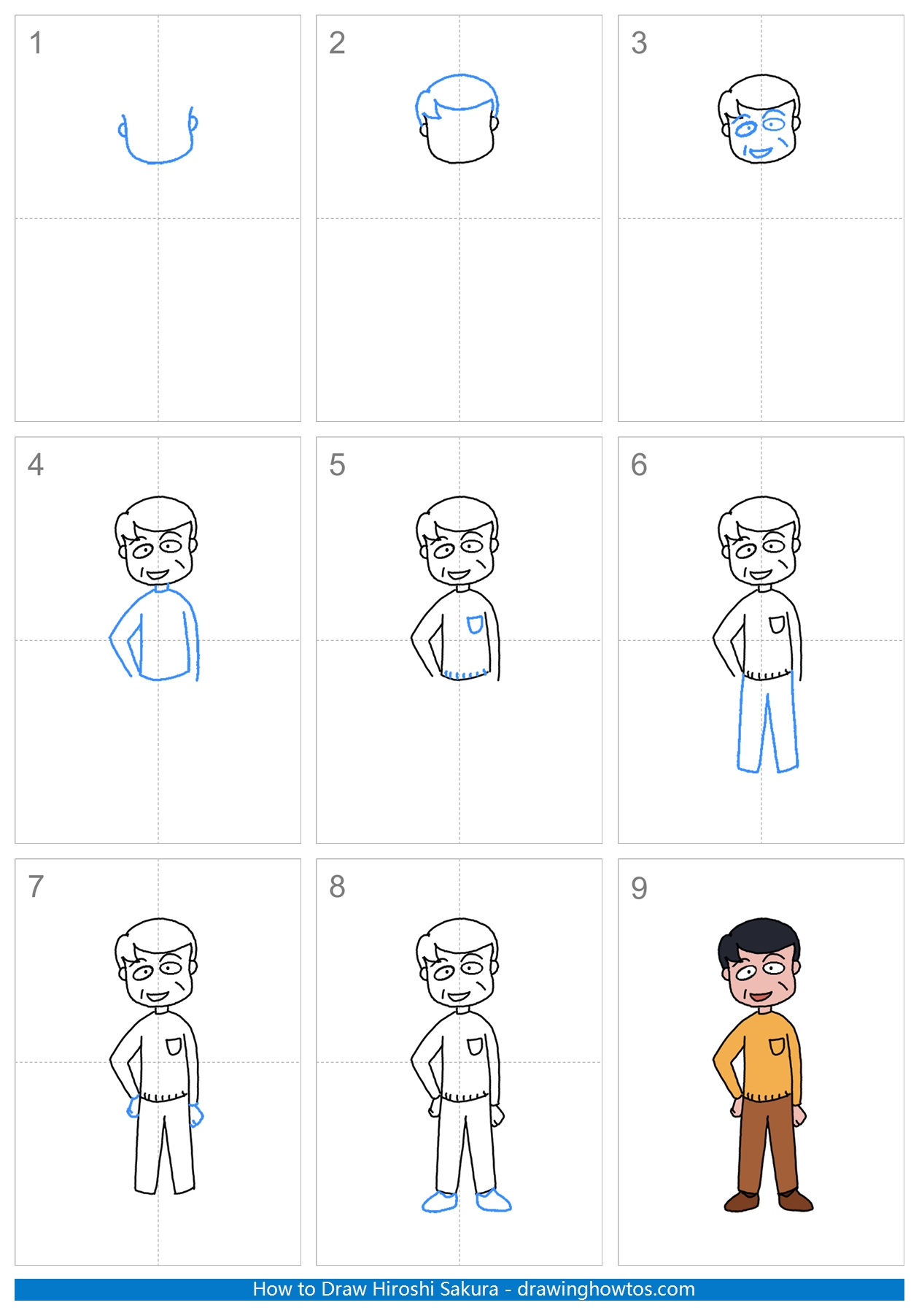 How to Draw Father Sakura Hiroshi from Maruko Step by Step