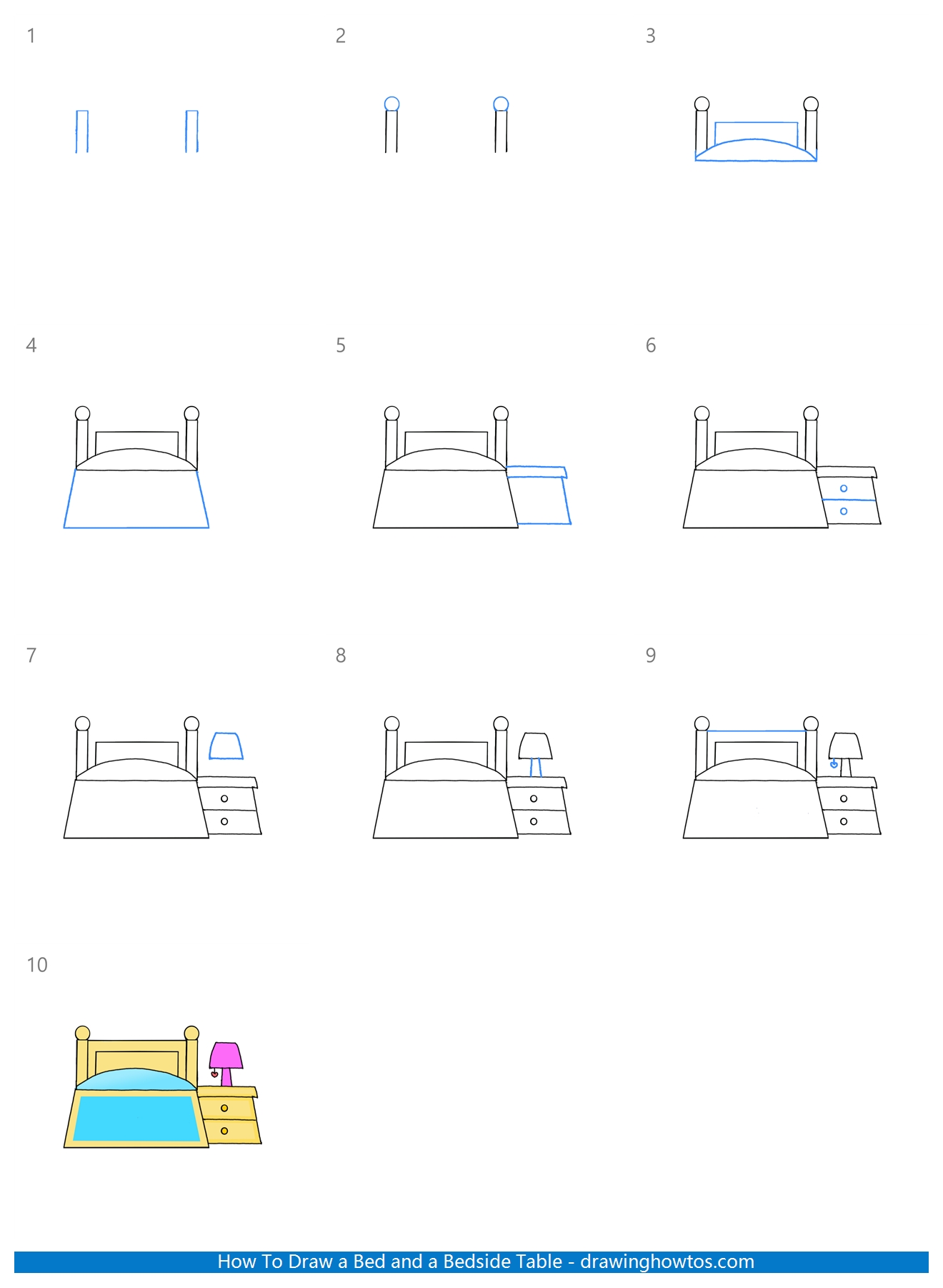 How to Draw a Bed and Bedside Table Step by Step