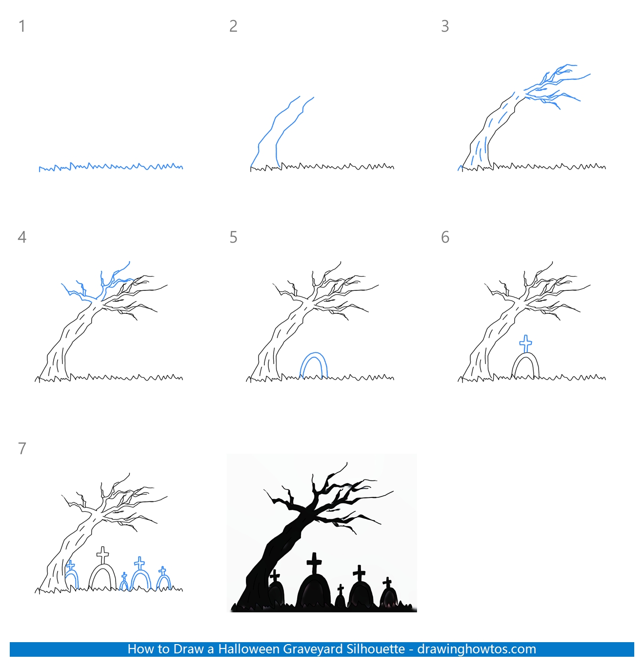 How to Draw a Halloween Graveyard Silhouette Step by Step