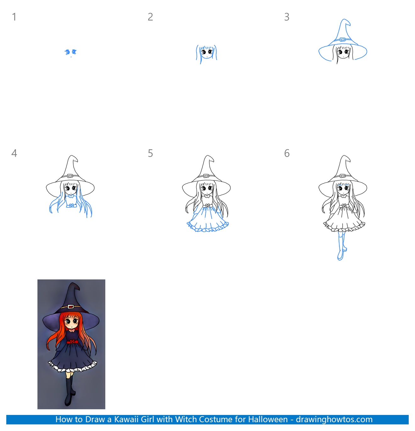 How to Draw a Kawaii Girl with Witch Costume for Halloween Step by Step