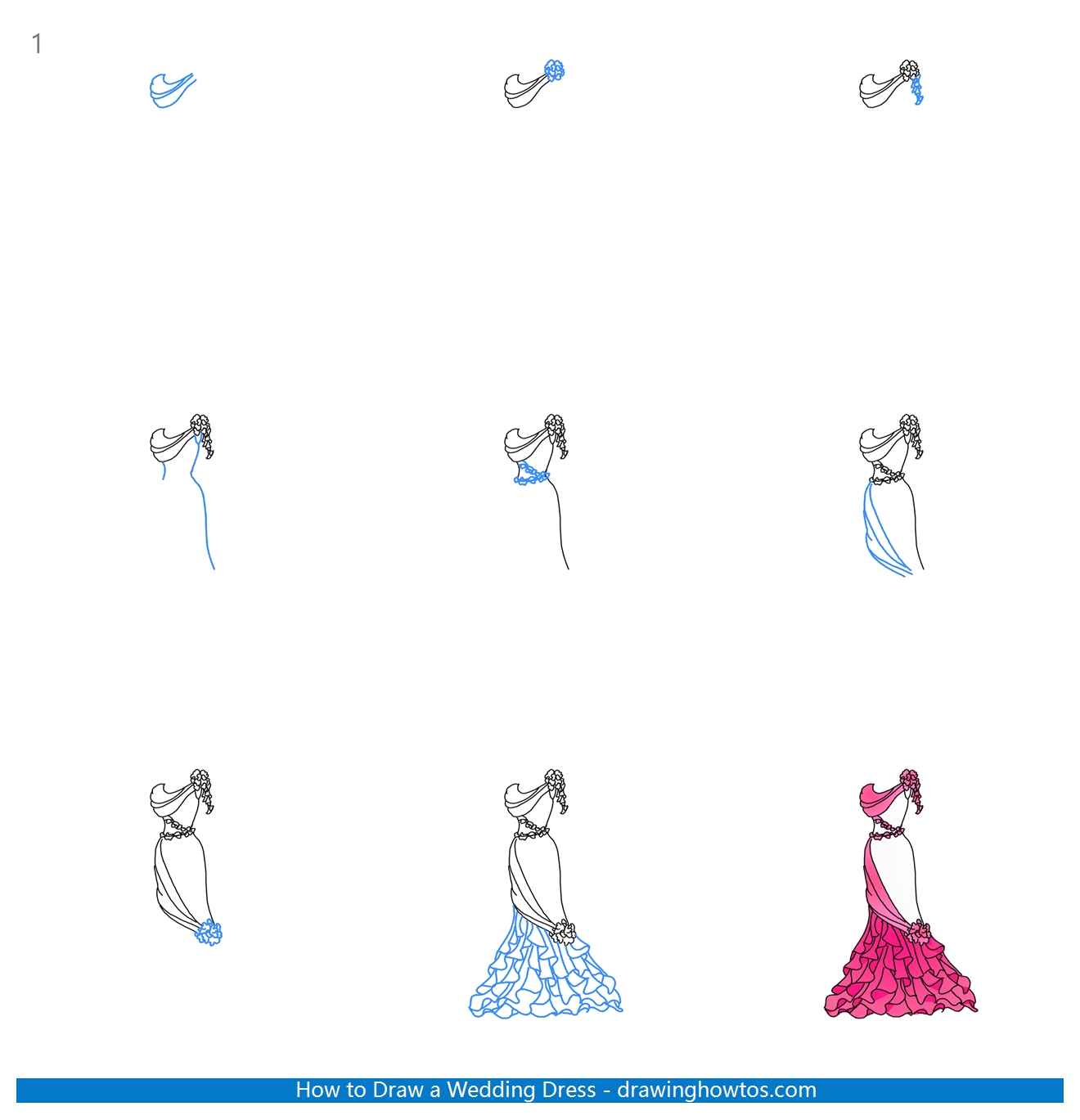 How to Draw a Floral Dress for Wedding Step by Step